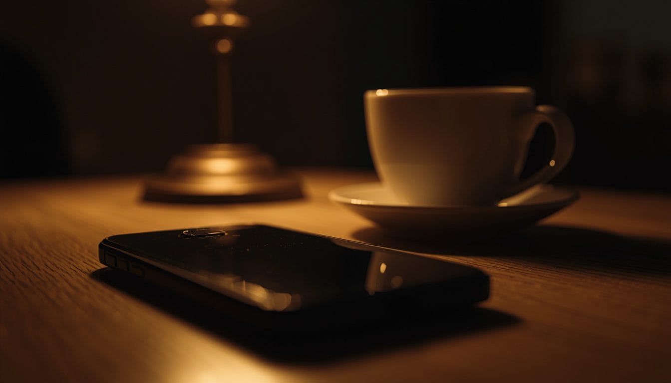 Primer plano de un móvil boca abajo sobre una mesa de cocina, junto a una taza fría, luz cálida tenue — tratamiento del silencio en pareja Mente Serena