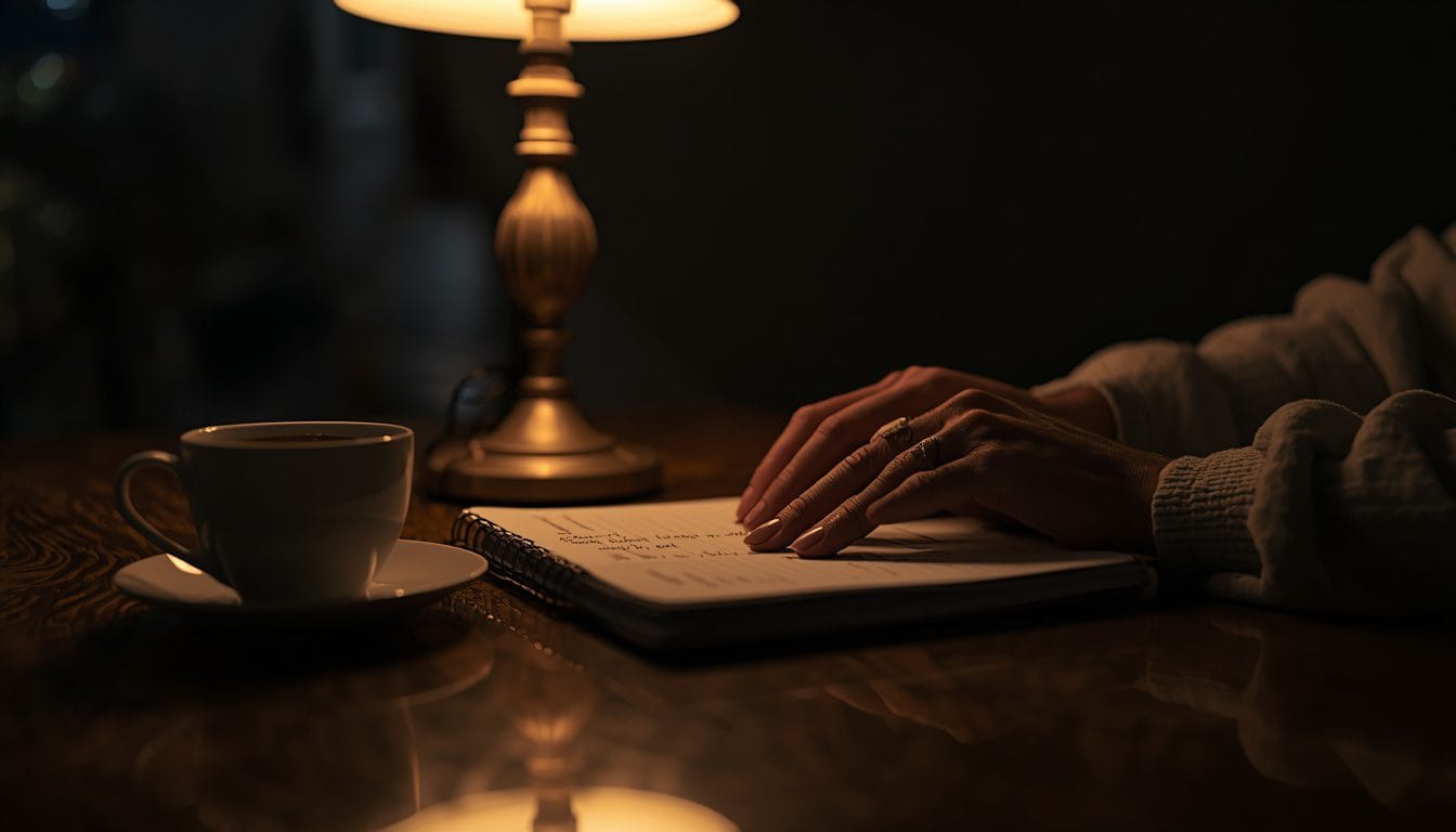 Primer plano de unas manos sobre un cuaderno cerrado en una mesa de cocina de noche, junto a una taza fría — carga mental del hogar Mente Serena