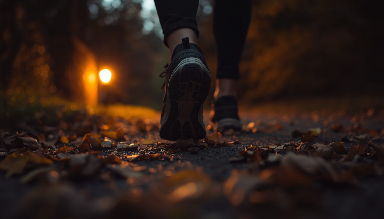 Primer plano de unos zapatos cómodos caminando sobre hojas en un sendero al atardecer, con luz cálida tenue — caminata para calmar la ansiedad Mente Serena