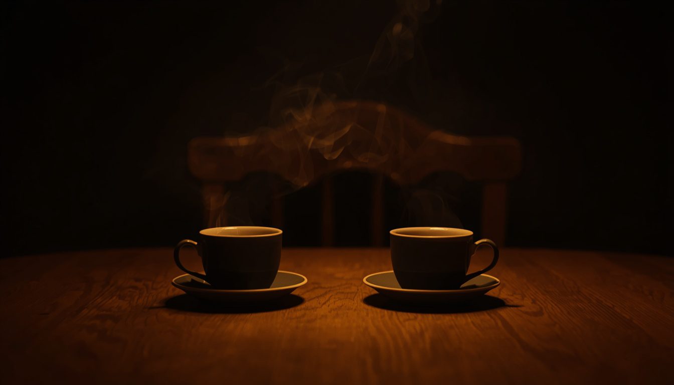 Mesa de cocina en penumbra con dos tazas, una intacta, y una silla vacía, sin personas — sentirse escuchada en la pareja Mente Serena