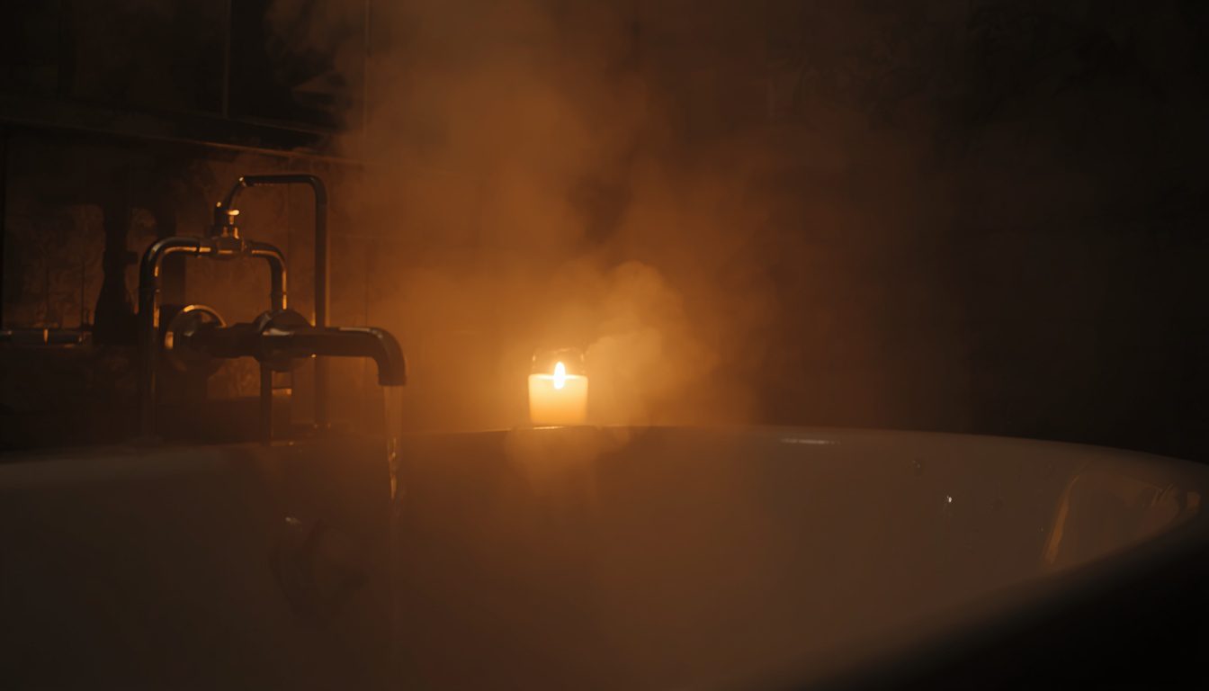 Vapor subiendo en un baño tenue, con un espejo empañado y una vela encendida junto a la bañera, sin personas — bano caliente antes de dormir Mente Serena