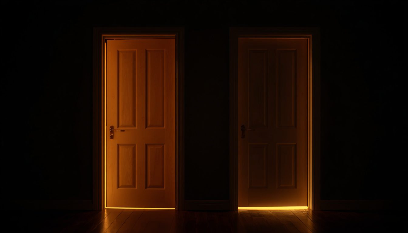 Primer plano de dos puertas, una abierta con luz cálida y otra cerrada con una línea de luz bajo ella, en una habitación oscura — perdon y confianza en la pareja Mente Serena